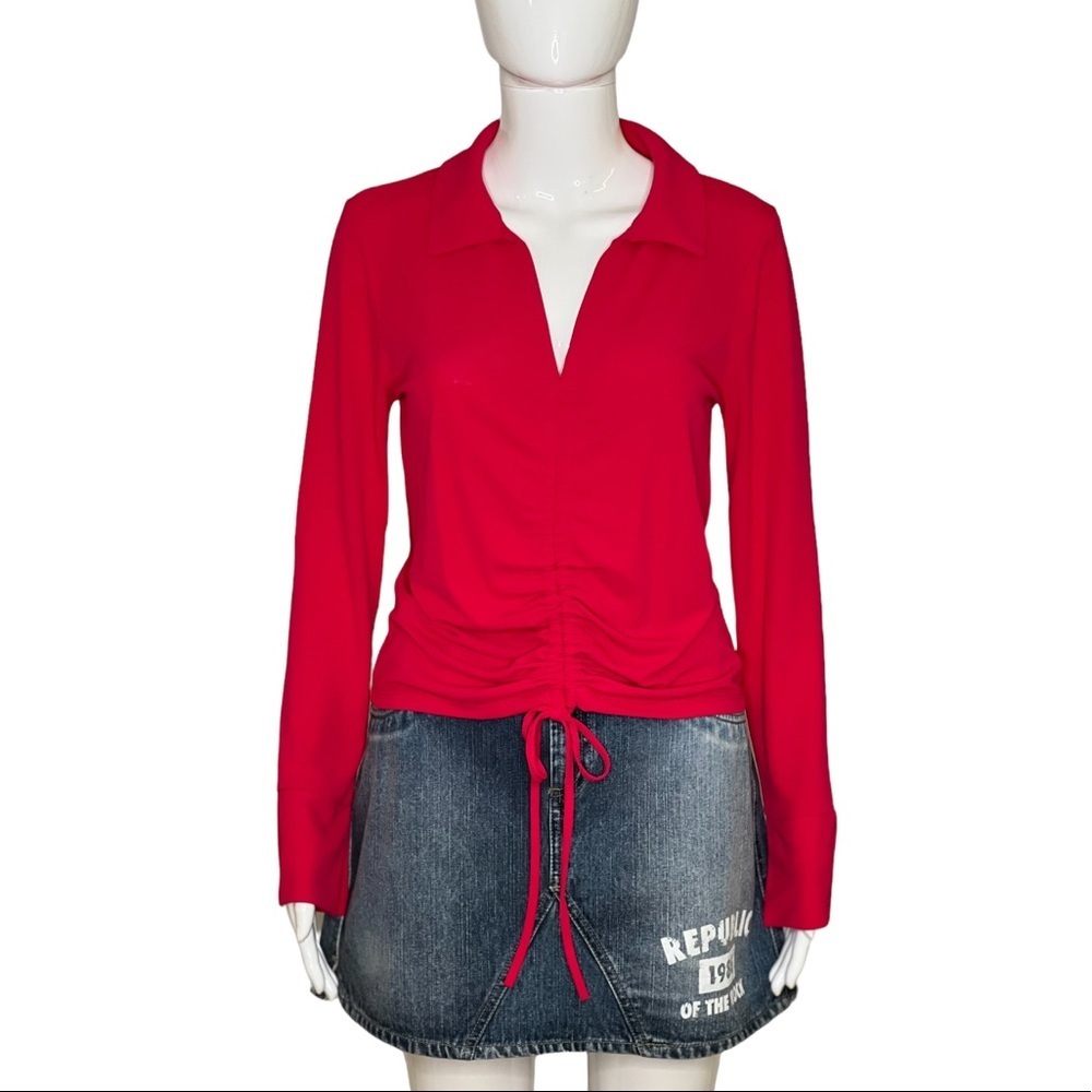 Zara Womans Size L Top V Neck Hot Pink Gathered Long Sleeve Collar ruched shirt